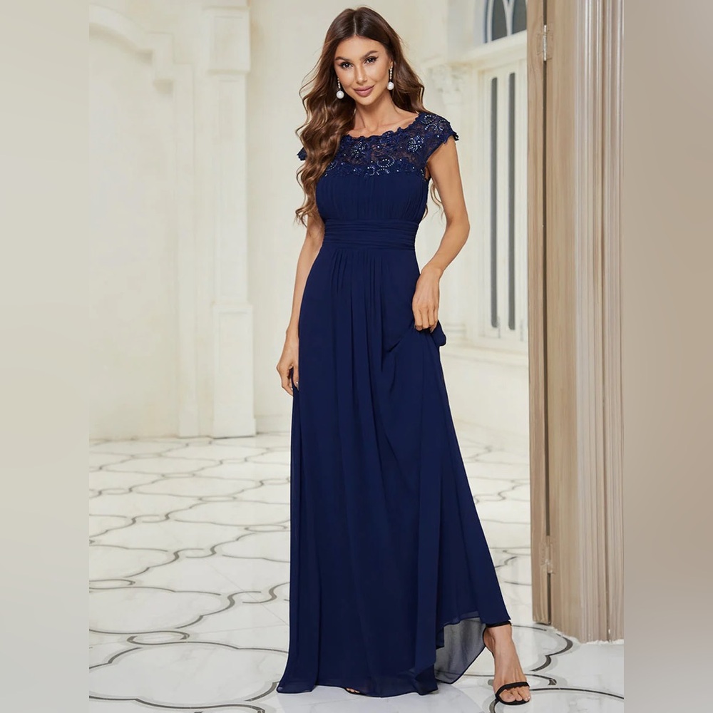 Ever Pretty Navy Blue Lace Formal Maxi Dress Wedding Guest Prom Gown Size 4 NWT